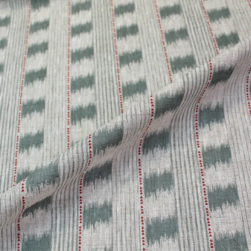 100CM REMNANT Home Furnishing Linen - Ikat Esque - Sage Green and Red