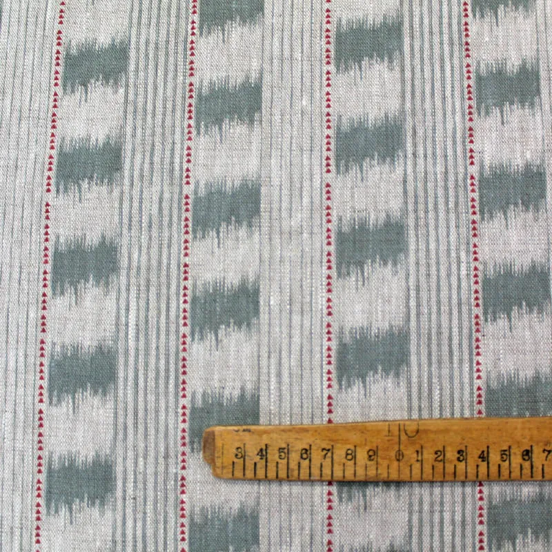 100CM REMNANT Home Furnishing Linen - Ikat Esque - Sage Green and Red