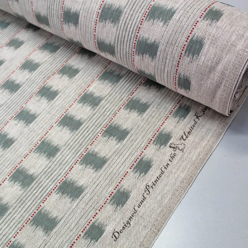 100CM REMNANT Home Furnishing Linen - Ikat Esque - Sage Green and Red