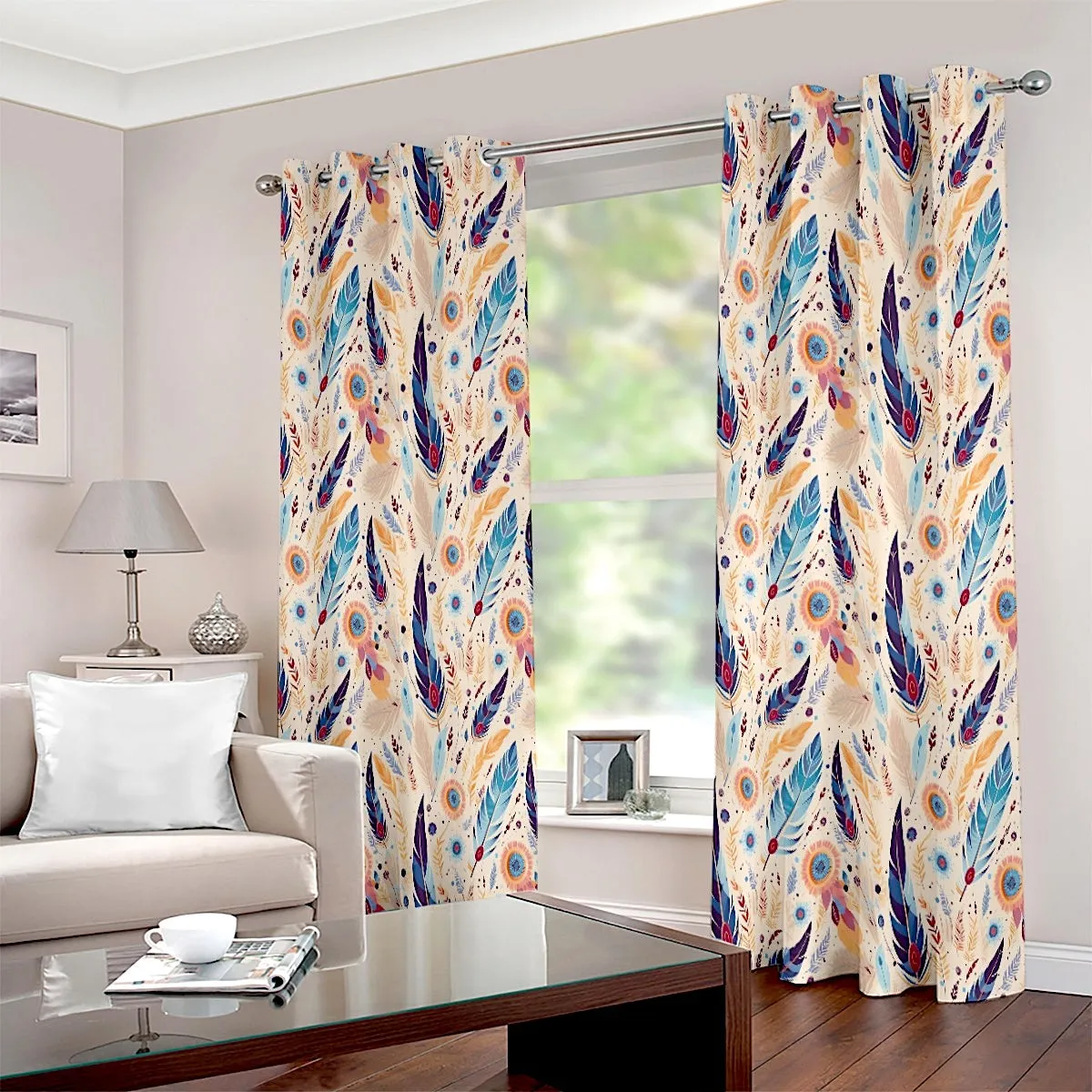 Boho Feather Red Floral Printed Curtain Set