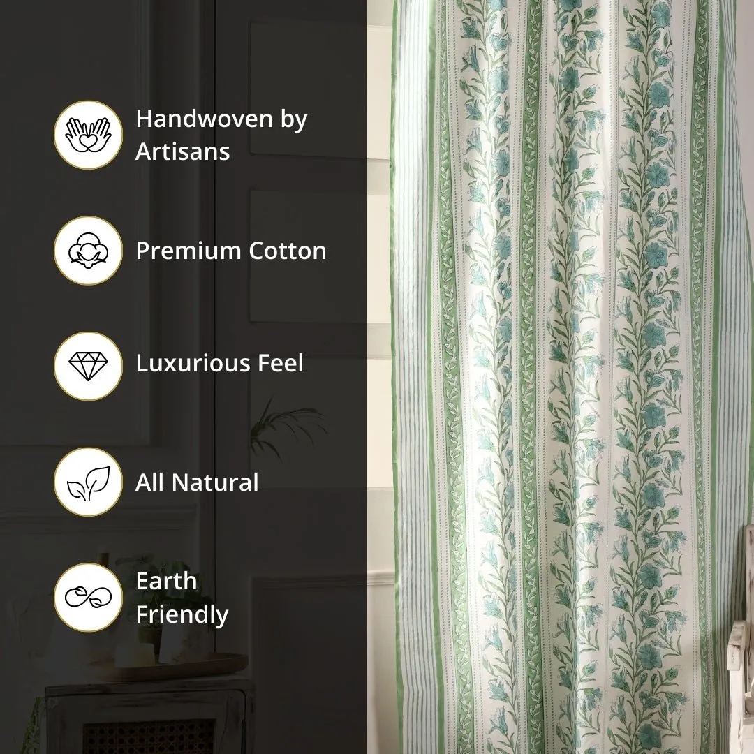 Cotton Window And Door Curtains With Hand Block Printed In Light Green & White | 5 / 7 ft|  Handmade In India