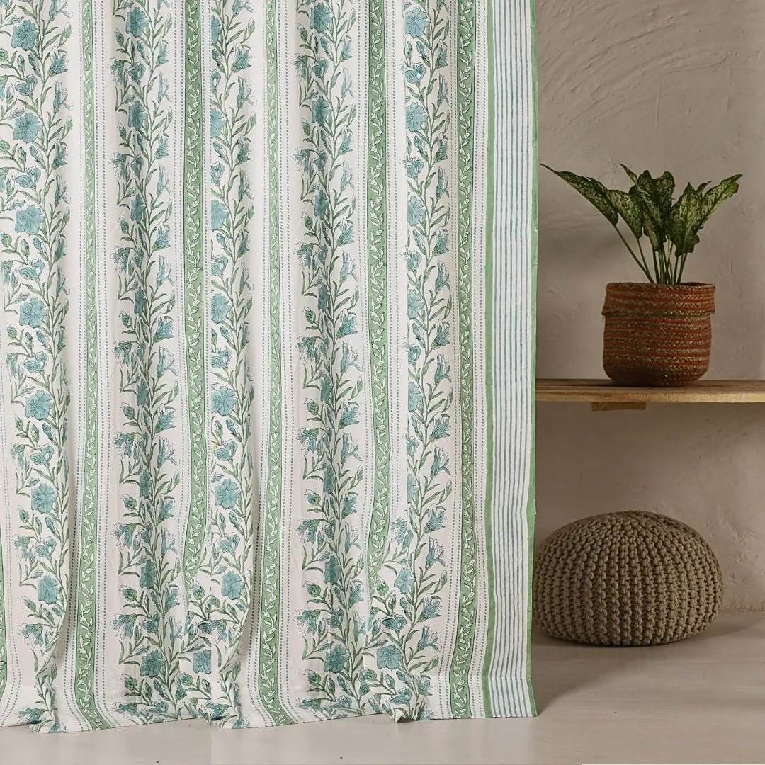 Cotton Window And Door Curtains With Hand Block Printed In Light Green & White | 5 / 7 ft|  Handmade In India