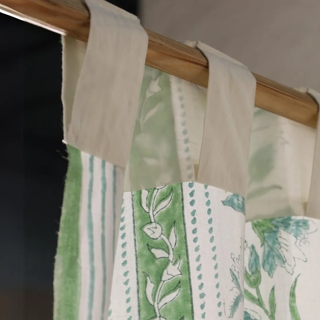 Cotton Window And Door Curtains With Hand Block Printed In Light Green & White | 5 / 7 ft|  Handmade In India