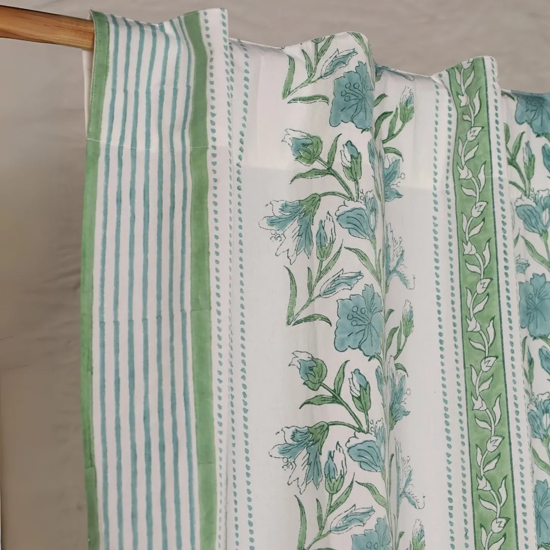 Cotton Window And Door Curtains With Hand Block Printed In Light Green & White | 5 / 7 ft|  Handmade In India