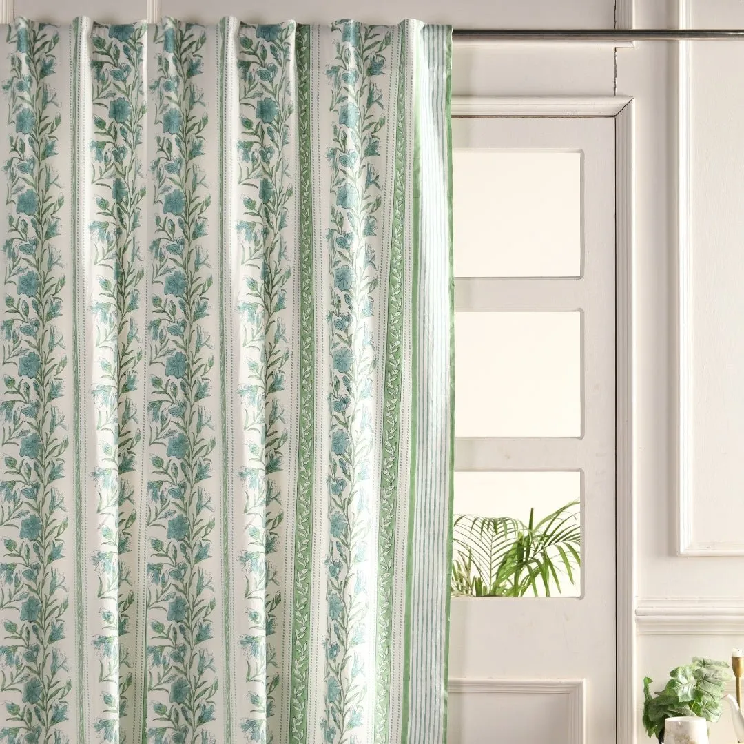 Cotton Window And Door Curtains With Hand Block Printed In Light Green & White | 5 / 7 ft|  Handmade In India