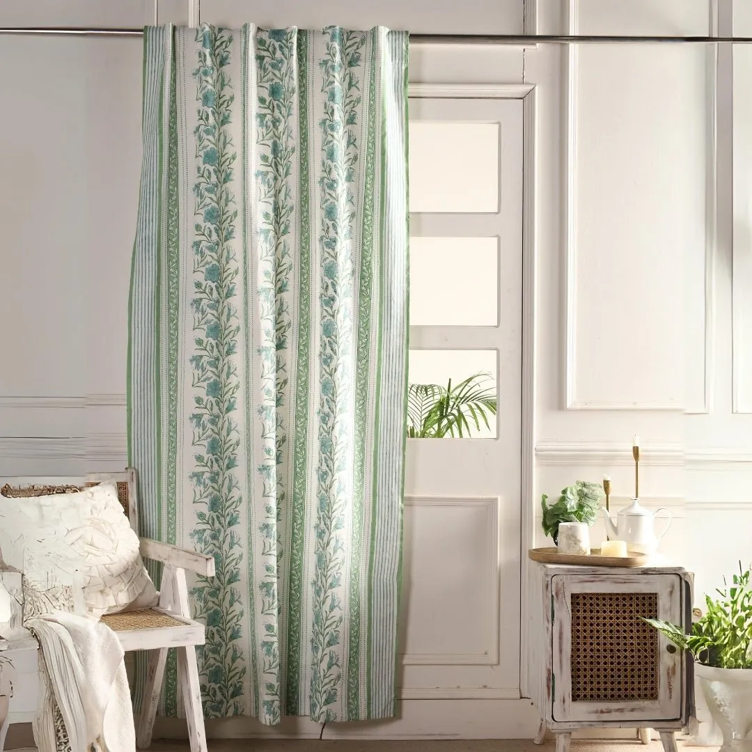 Cotton Window And Door Curtains With Hand Block Printed In Light Green & White | 5 / 7 ft|  Handmade In India
