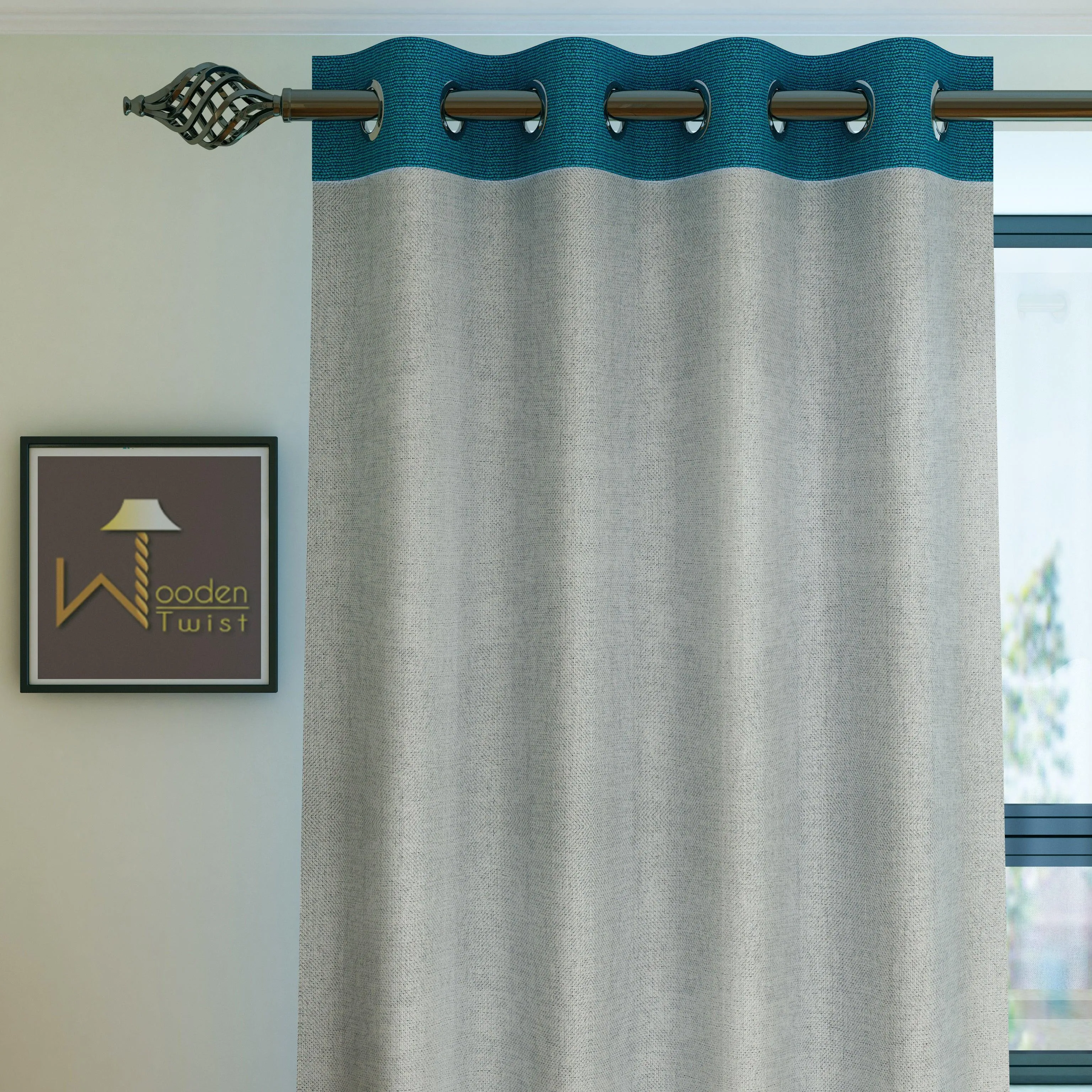 Fabrahome Light Filtering 10 Ft Rectangular Jute Fabric Curtain ( Grey & Blue )