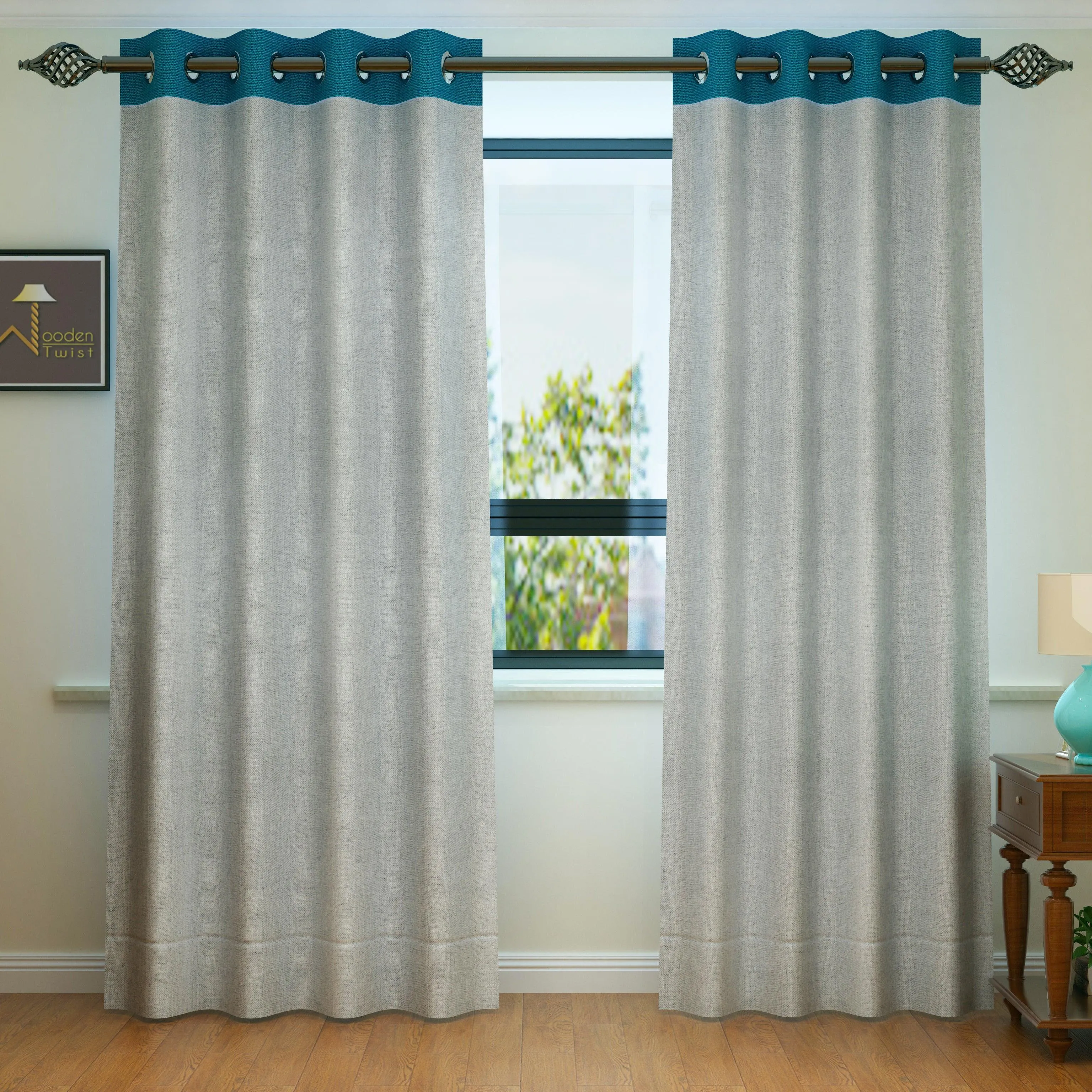 Fabrahome Light Filtering 10 Ft Rectangular Jute Fabric Curtain ( Grey & Blue )