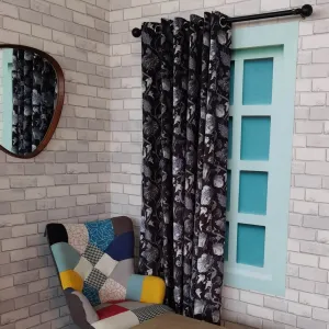 Floral Velvet Curtains 90" x 90" - Black