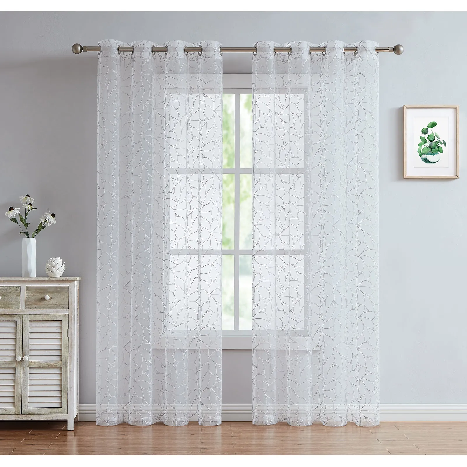 Red Co. Semi Sheer Embroidered Soft Decorative Linen Curtains with Grommets 2 Piece Set, 54" x 63"