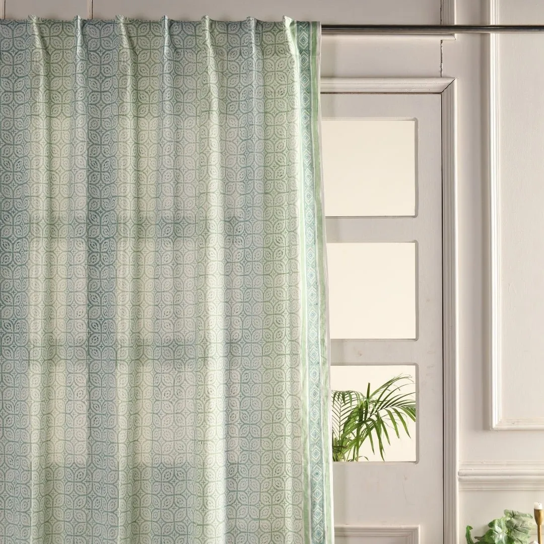 Sheer Cotton Window And Door Curtains With Hand Block Print In Light Green & White | 5 / 7 ft|  Handmade In India