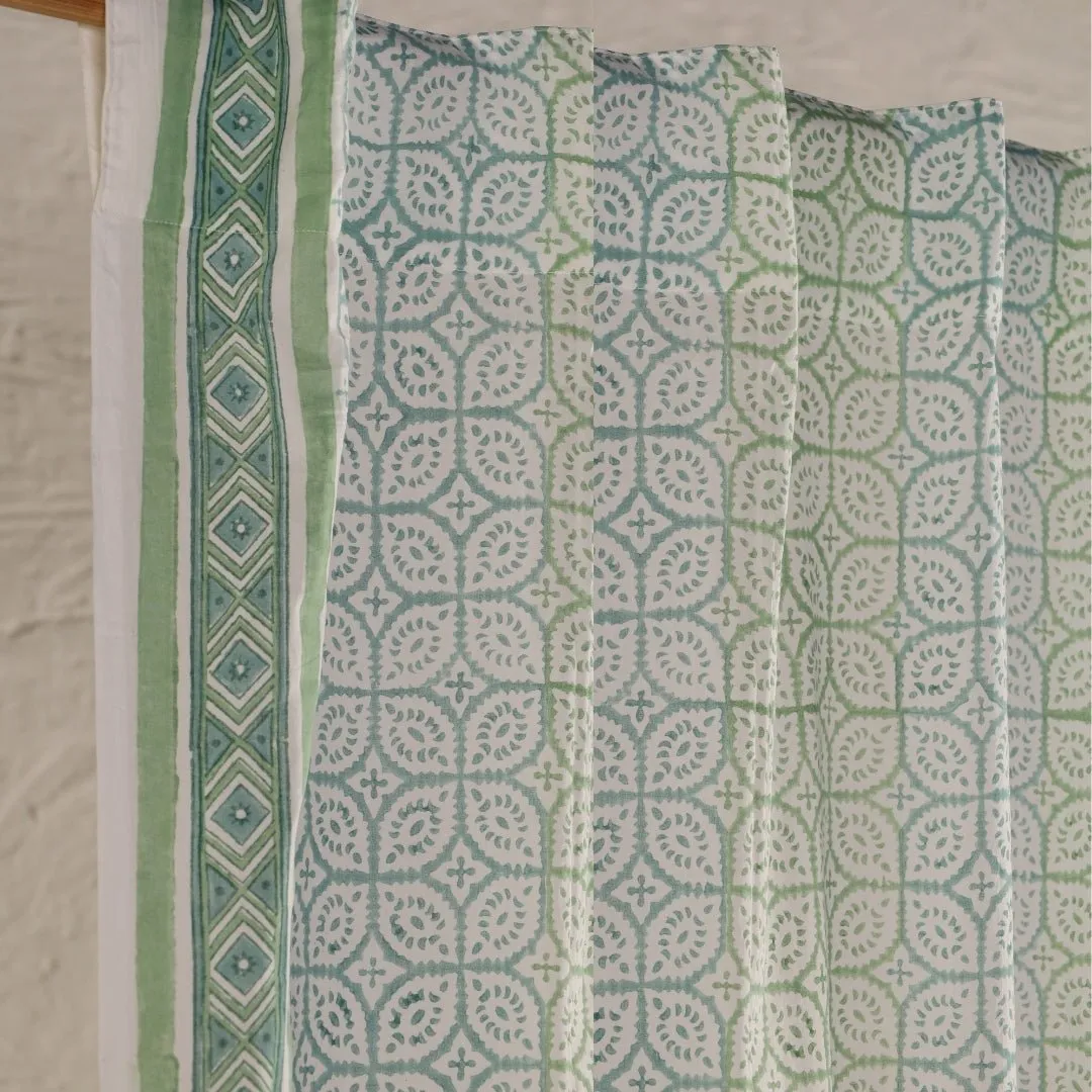 Sheer Cotton Window And Door Curtains With Hand Block Print In Light Green & White | 5 / 7 ft|  Handmade In India
