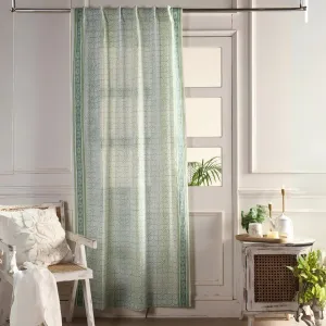 Sheer Cotton Window And Door Curtains With Hand Block Print In Light Green & White | 5 / 7 ft|  Handmade In India