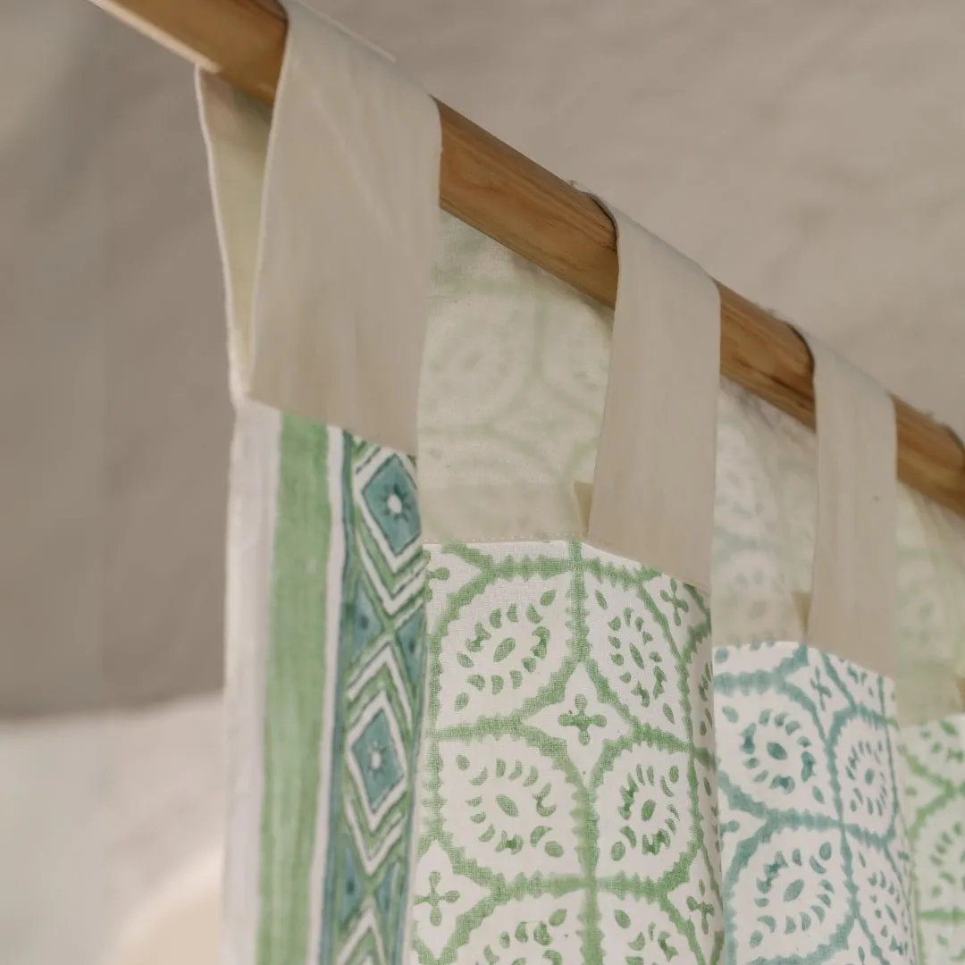 Sheer Cotton Window And Door Curtains With Hand Block Print In Light Green & White | 5 / 7 ft|  Handmade In India