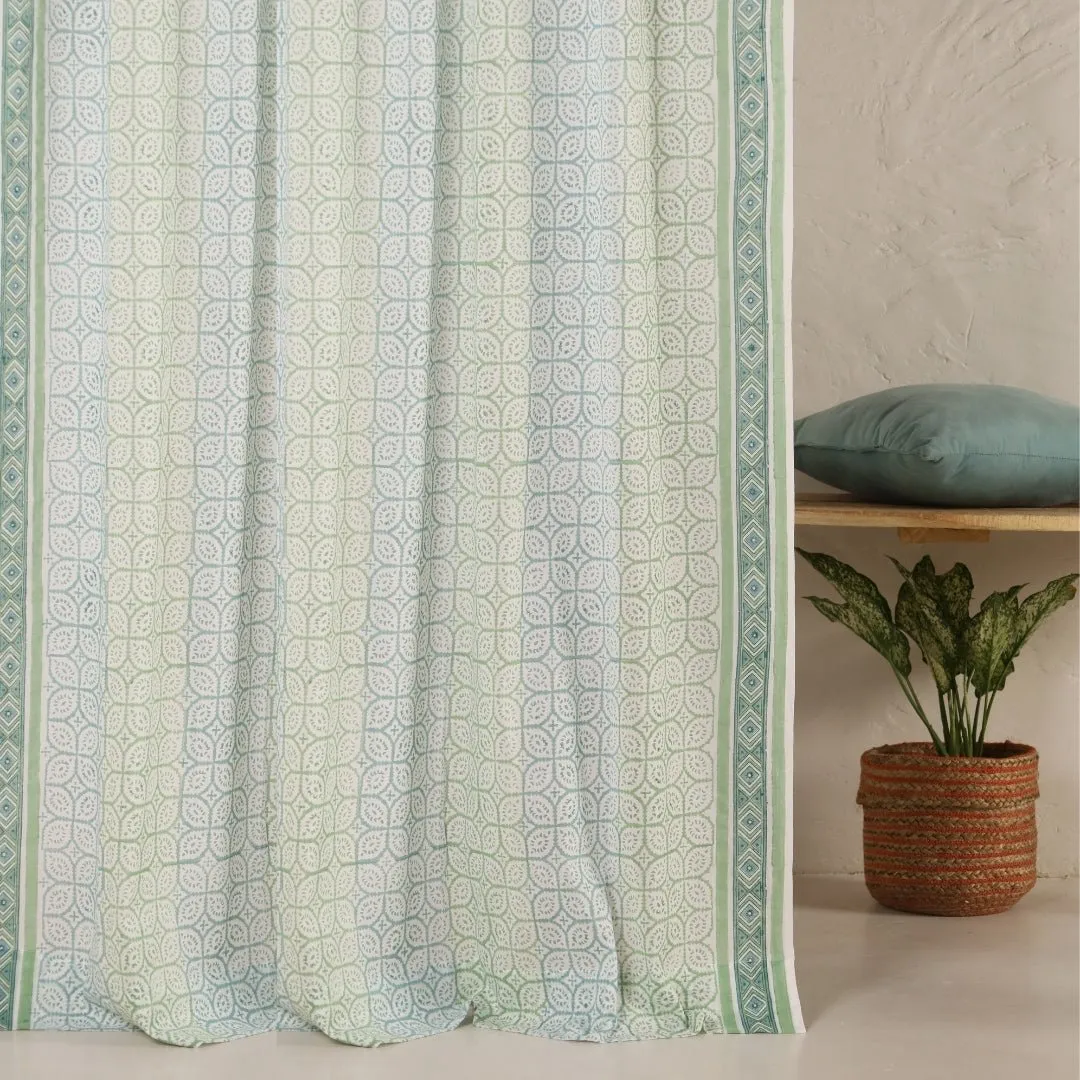 Sheer Cotton Window And Door Curtains With Hand Block Print In Light Green & White | 5 / 7 ft|  Handmade In India
