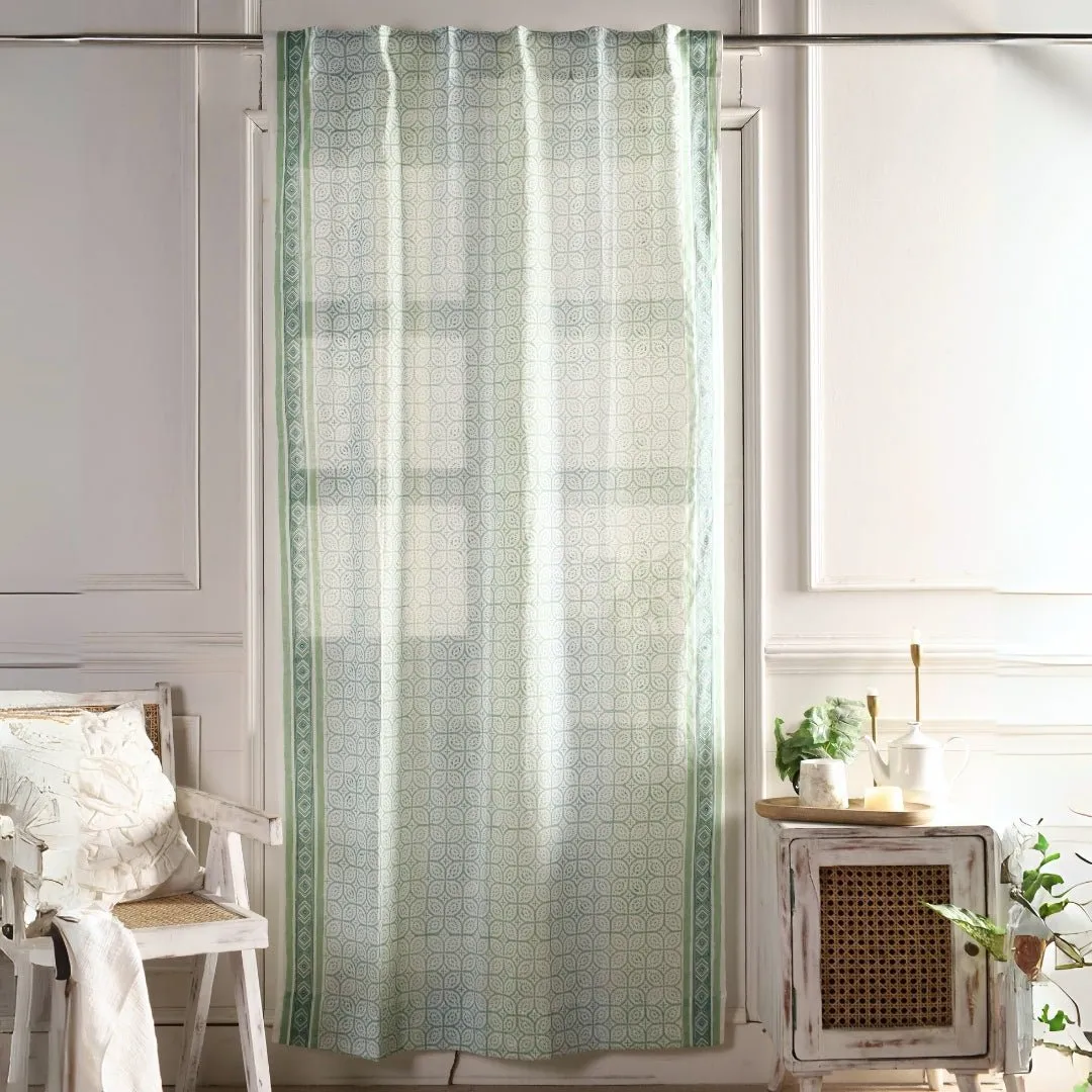 Sheer Cotton Window And Door Curtains With Hand Block Print In Light Green & White | 5 / 7 ft|  Handmade In India