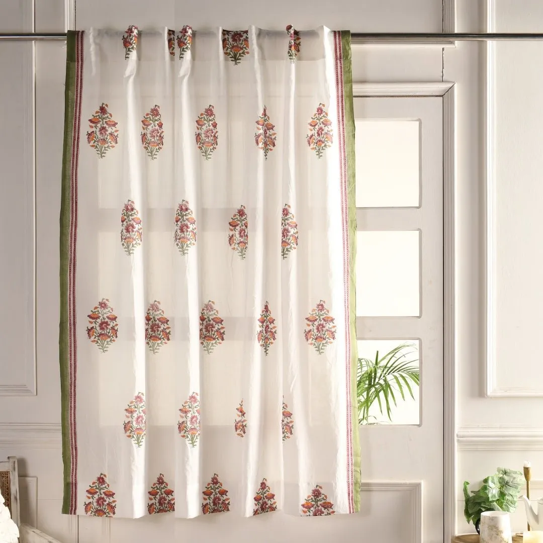 Sheer Cotton Window And Door Curtains With Hand Block Printed Floral Pattern | 5 / 7 ft|  Handmade In India
