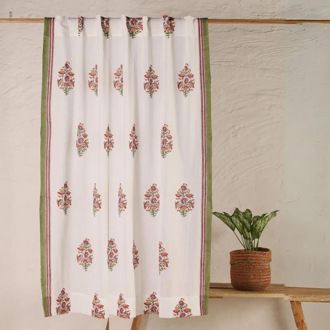 Sheer Cotton Window And Door Curtains With Hand Block Printed Floral Pattern | 5 / 7 ft|  Handmade In India