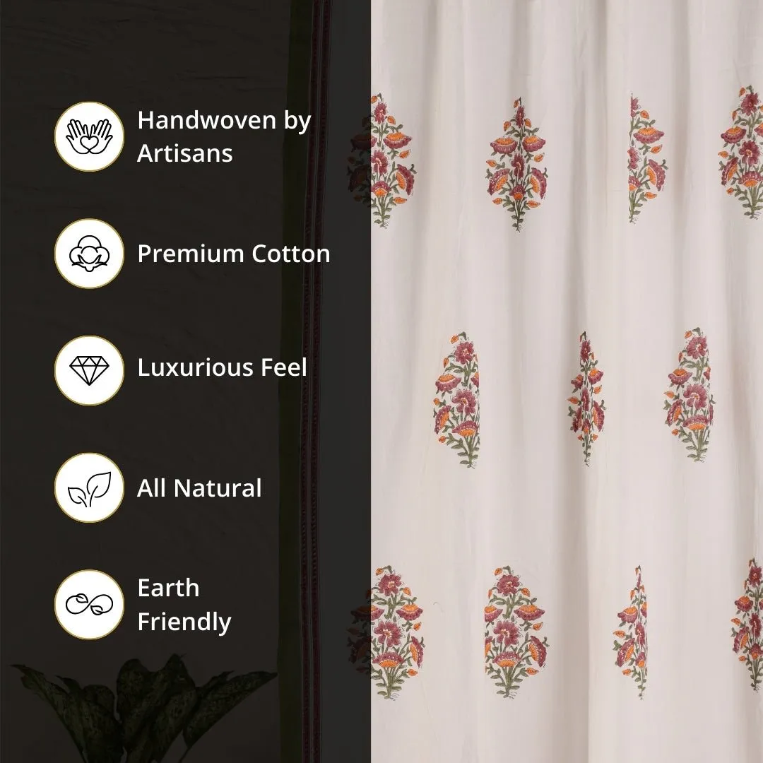 Sheer Cotton Window And Door Curtains With Hand Block Printed Floral Pattern | 5 / 7 ft|  Handmade In India