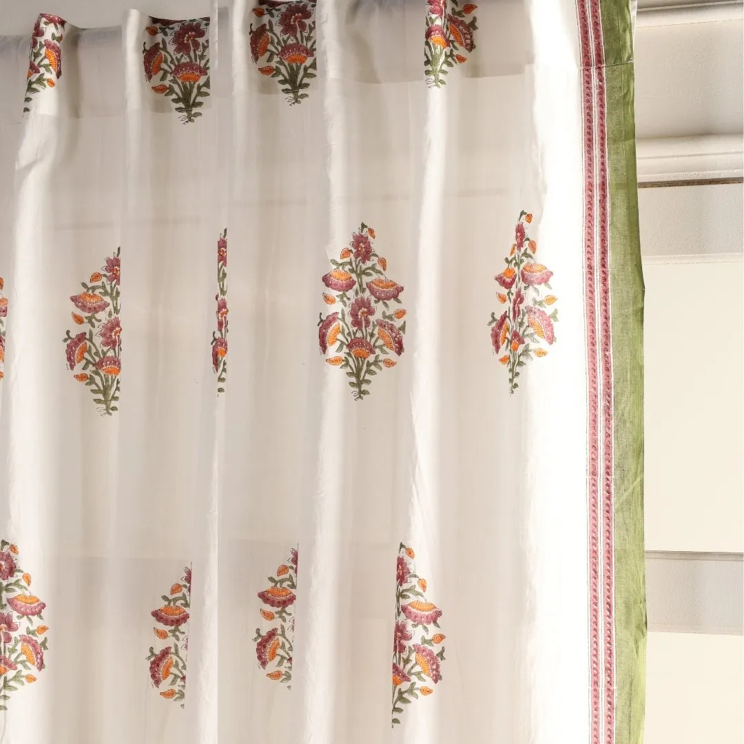 Sheer Cotton Window And Door Curtains With Hand Block Printed Floral Pattern | 5 / 7 ft|  Handmade In India