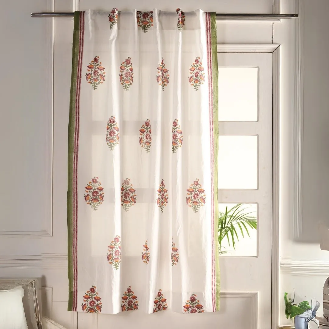 Sheer Cotton Window And Door Curtains With Hand Block Printed Floral Pattern | 5 / 7 ft|  Handmade In India